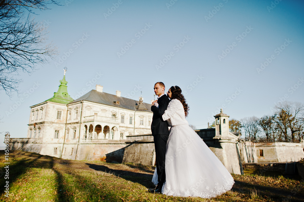Obraz premium Charming and fashionable wedding couple in love background old v