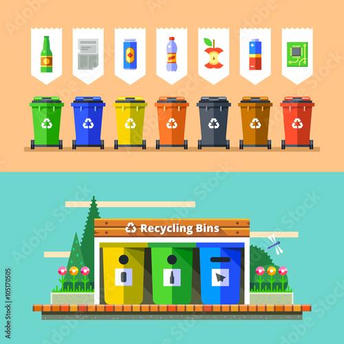 Waste management and recycle concept. Separation of waste on garbage bins. Sorting waste for recycling. Colored garbage cans with waste types. Vector illustration in flat design.