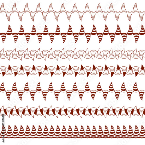 Patterned stripes in the form of fangs. Set zentangle ornaments.