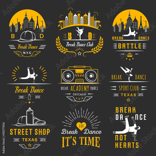 Vector Set of Badges, Logos and Sign Break Dance