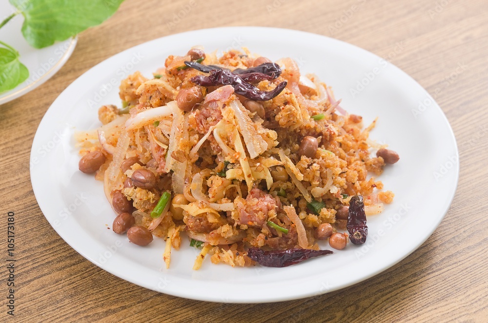 Thai Fermented Pork Salad with Spicy and Crispy Curried Rice Thai Fermented Pork Salad with Spicy and Crispy Curried Rice