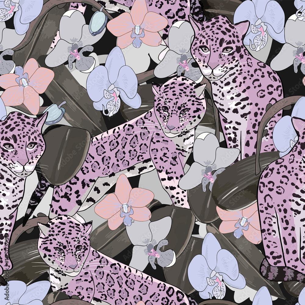 Obraz premium Seamless pattern of exotic flower orchid and jaguar