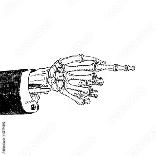 Scary skeleton hand pointing, hand-drawn sketch, black and white, isolated on white. Vector illustration, eps10.