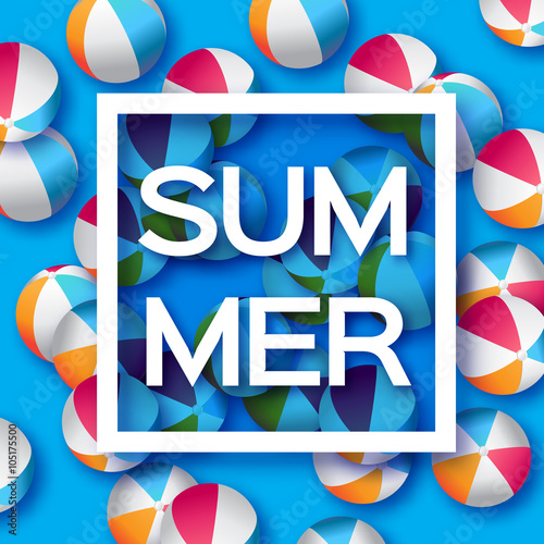 Realistic Blue Beach Balls - Rubber or Plastic Material.  Background with Summer Title and Square Frame in center on blue background.  Vector Illustration