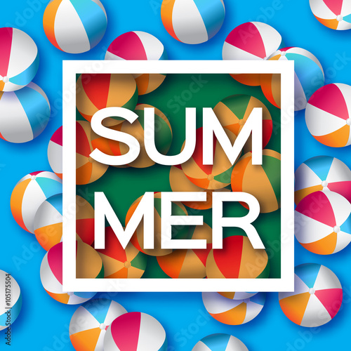 Realistic Blue Beach Balls - Rubber or Plastic Material.  Background with Summer Title and Square Frame in center on blue background.  Vector Illustration