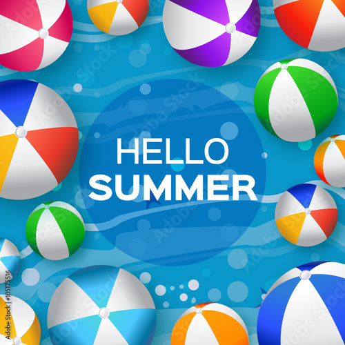 Realistic Colorful Beach Balls - Rubber or Plastic Material.  Background with Hello Summer Title and Circle Frame in center.  Vector Illustration
