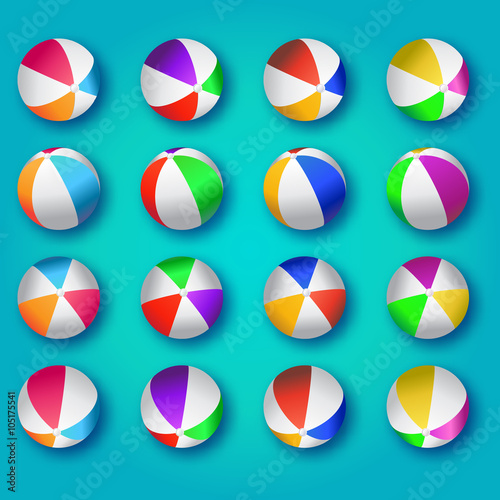 Realistic Colorful Beach Balls Illustration. Beach Balls Vector Set - Rubber or Plastic Material on Blue Background.