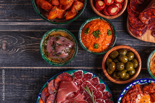 Typical spanish tapas concept, rustic style,  top view.