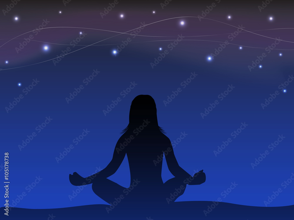 Woman silhouette meditation background with sky