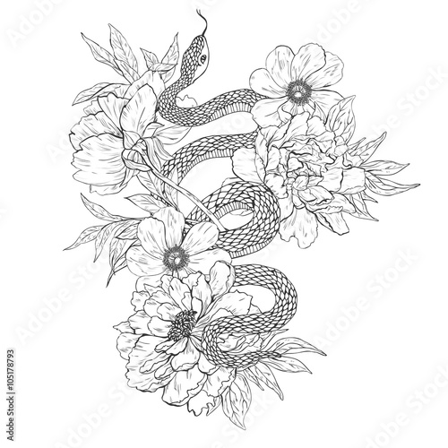 Snakes and flowers. Tattoo art, coloring books.