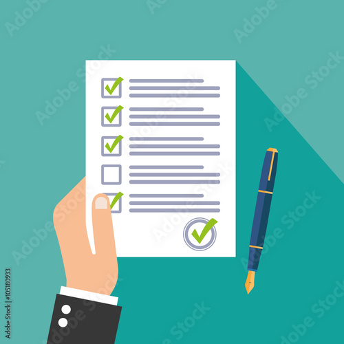 Cector illustration. School exam test results, checkmark, pen flat icon