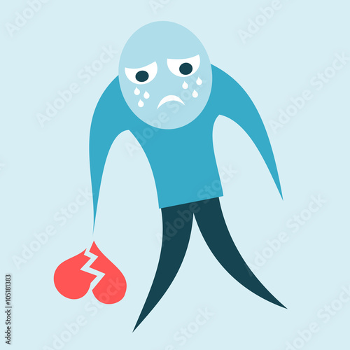 Simple vector illustration of character  - Sad man cries and holds broken heart in hand after breakup