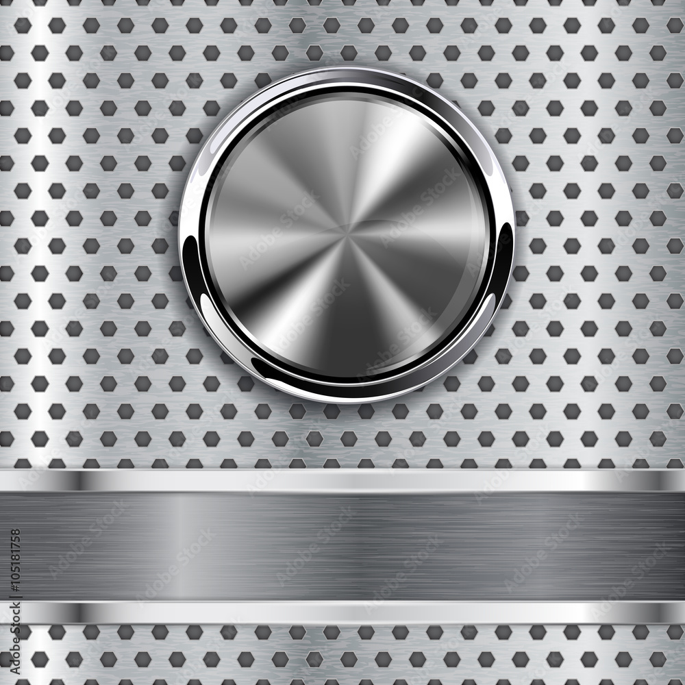 Steel round button on metal background, web icon with metallic frame Steel round button on metal background, web icon with metallic frame