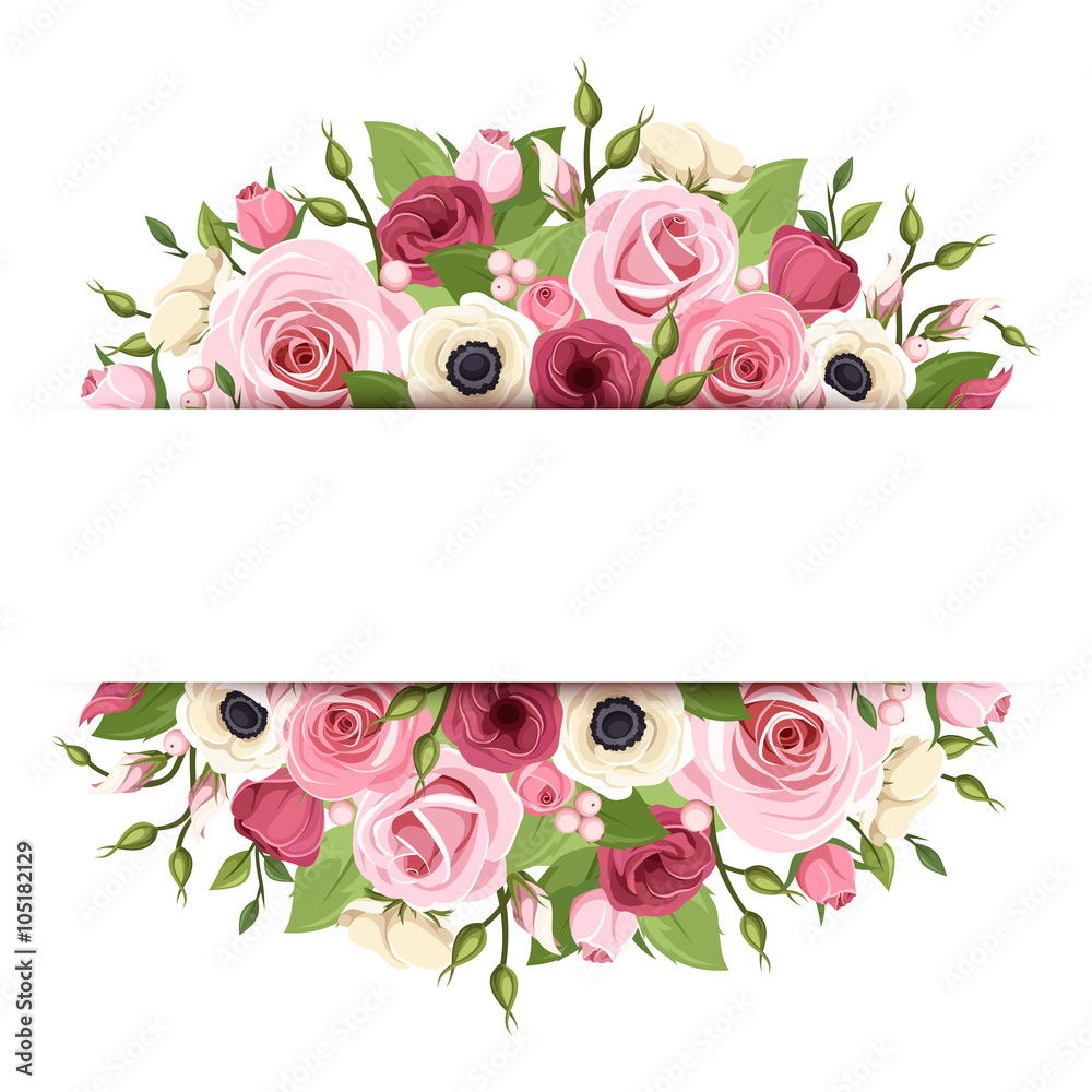 Fototapeta Tło z różowymi, czerwonymi i białymi różami, lisianthus, anemonowymi kwiatami i zielonymi liśćmi.