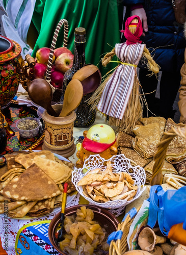 Shrovetide at Russia. Maslenitsa, meal,pancakes, bagels, samovar