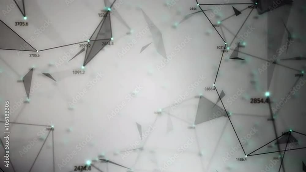 Abstract geometric composition with depth of field, triangles, lines, dotes and random numbers