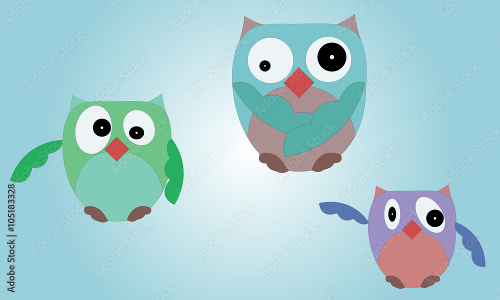 Illustrated set of owls on blue gradient background with various body shapes Illustrated set of owls on blue gradient background with various body shapes