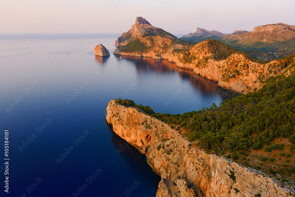 Panoramic views of the Cape Formentor at sunset. Majorca. Balearic Islands. Spain