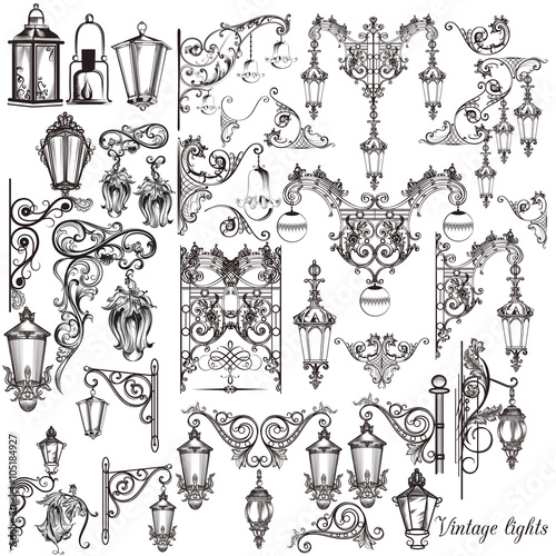 Vector set of calligraphic decorative elements and street lights