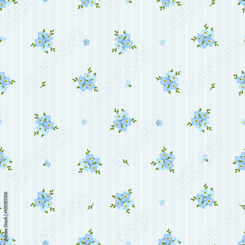 Vector seamless pattern with blue forget-me-not flowers on a striped background.