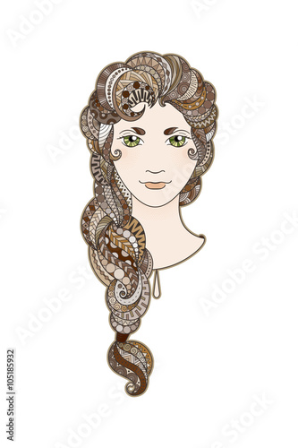 Beautiful girl with intricately patterned, zentangle braid and bright eyes. Vector portrait.