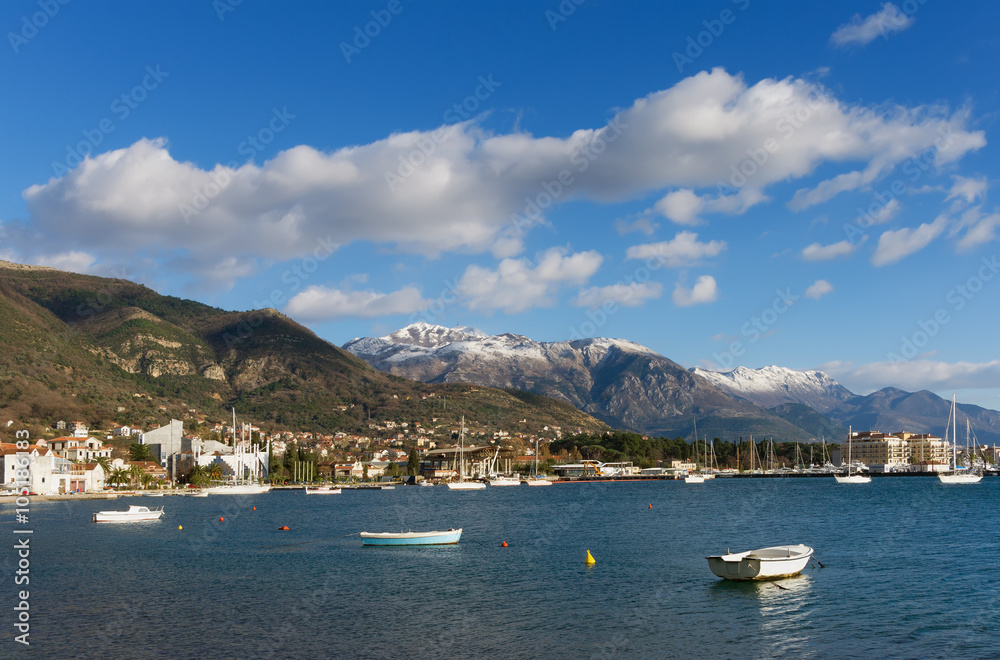 View of Tivat city from the sea in winter. Montenegro