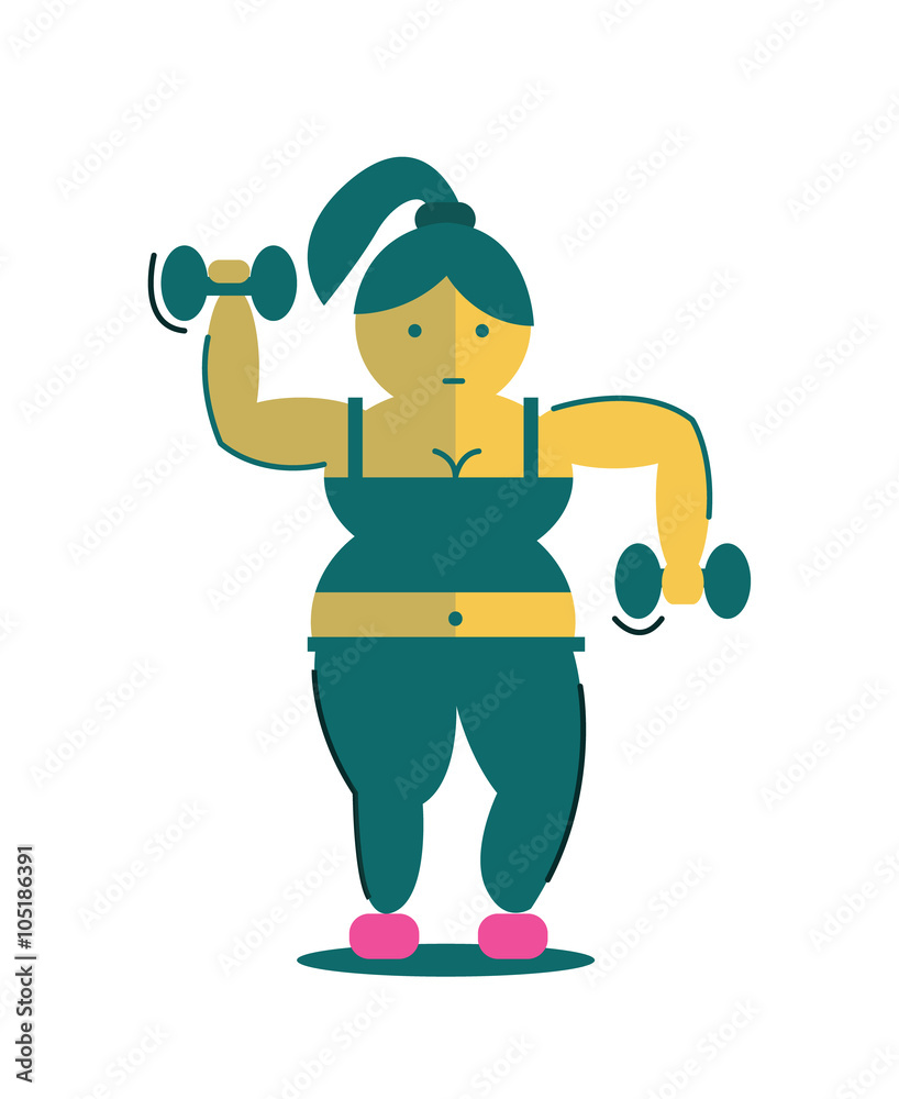 Fat woman with body building. flat character design. vector Fat woman with body building. flat character design. vector