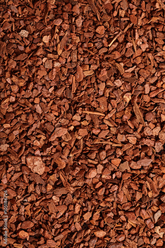 Top down close up view on tree bark mulch