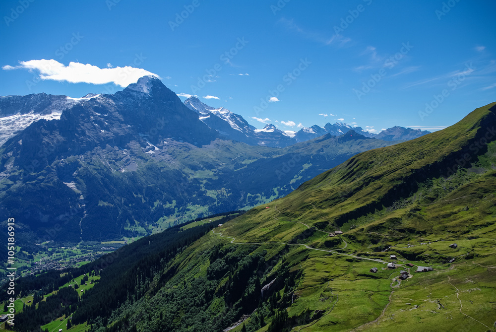 Sunny day view to the mountains vally from top of Mannlichen (Jungfrau region, Bern, Switzerland)