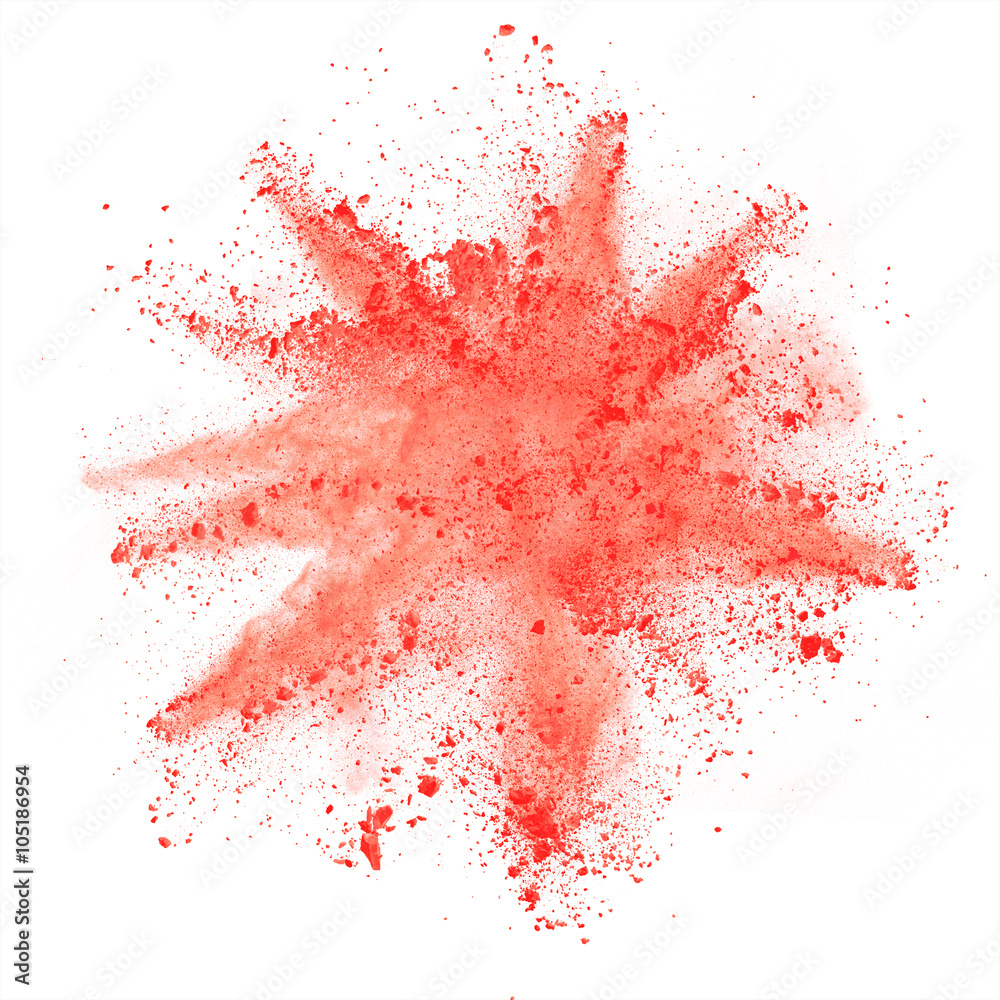 Explosion of orange powder on white background