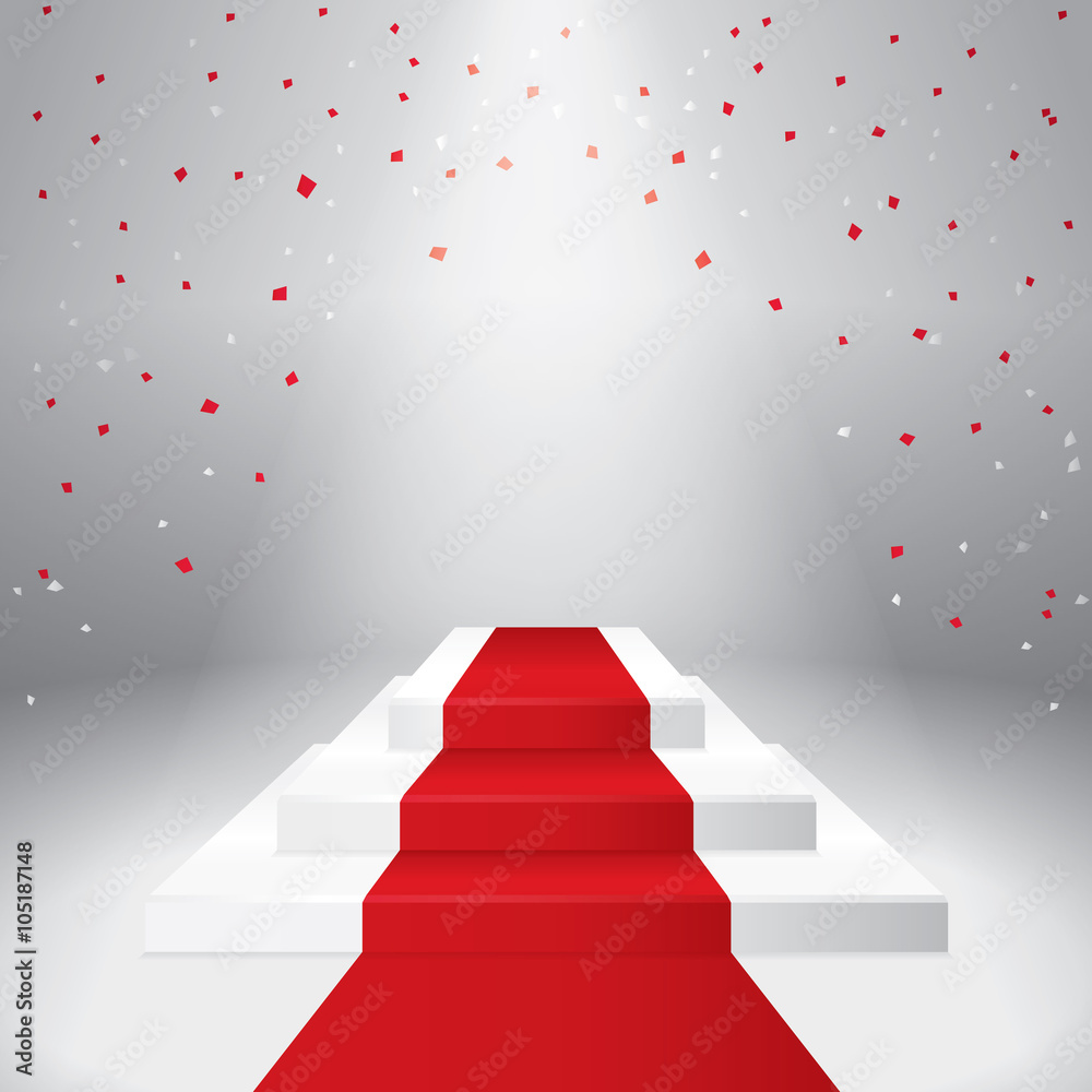 Fototapeta premium Illuminated stage podium with confetti and red carpet. Vector illustration