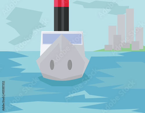 Coast Guard Boat Flat Cityscape. Big City River and Island with Buildings. City Life. Daytime Sky with Clouds and Abstract Waves on the Water. Digital background vector illustration.
