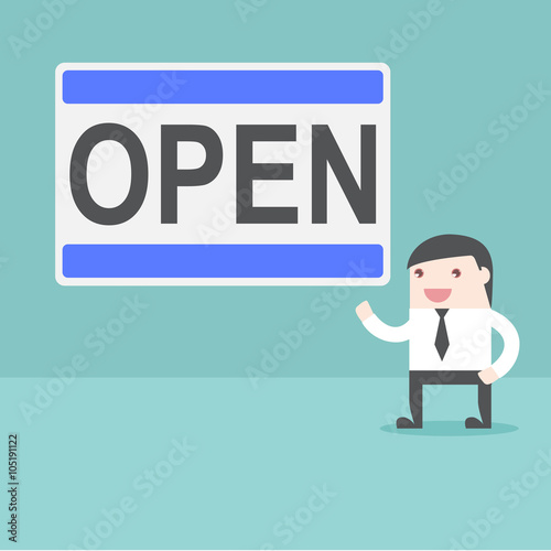 Open sign with businessman. Flat design for business financial marketing banking advertising commercial event web minimal concept cartoon illustration.