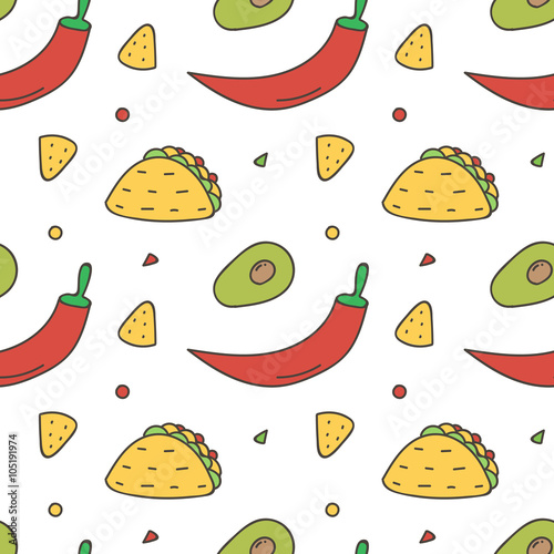 Colorful Mexican food seamless pattern background. Hot chili pepper, avocado, nachos and taco background.