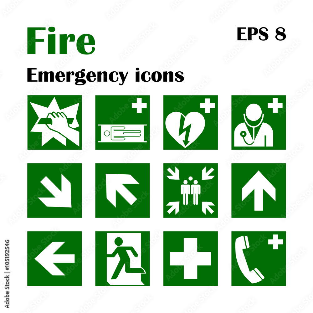 Fire emergency icons. Vector illustration. Fire exit. Fire emergency icons. Vector illustration. Fire exit.