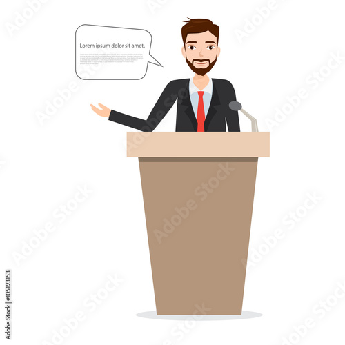 Man character talking on podium stage. present information.
