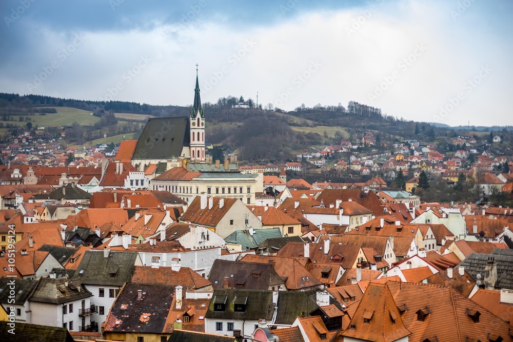 The old town view from cesky Krumlov castle in cloudy day