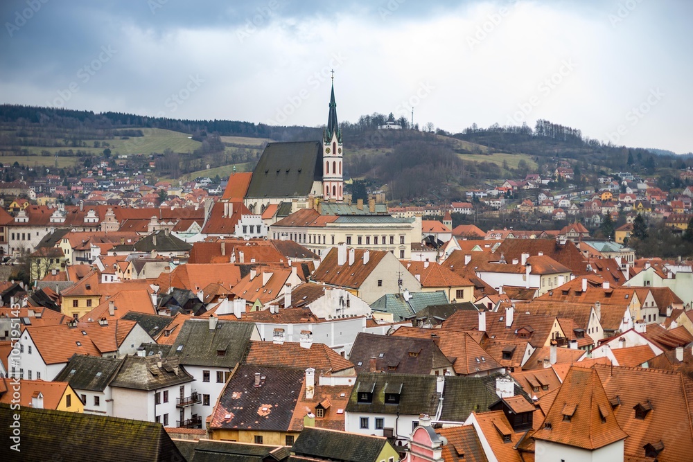 The old town view from cesky Krumlov castle in cloudy day