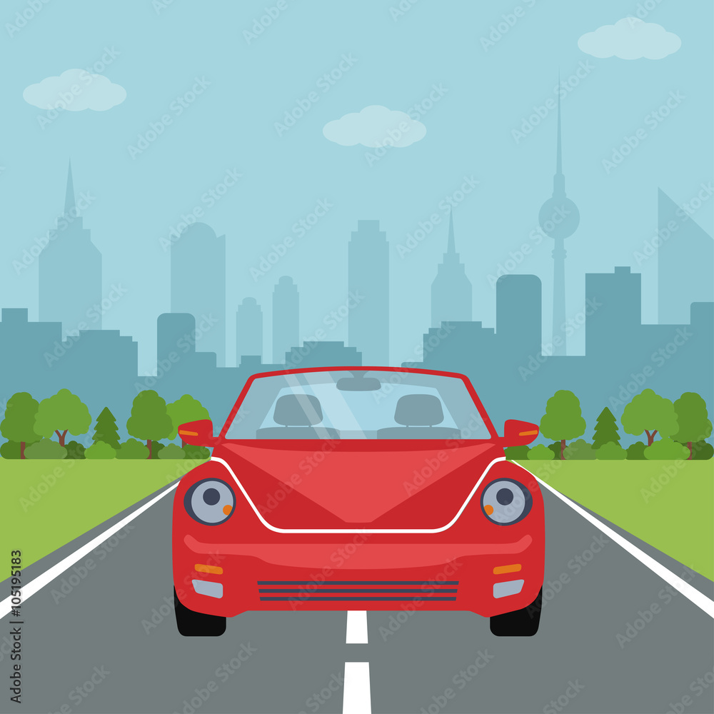 Picture of car on the road with forest and big city silhouette on background, flat style illustration