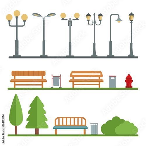 Light posts and outdoor elements for construction of landscapes. Vector flat illustration