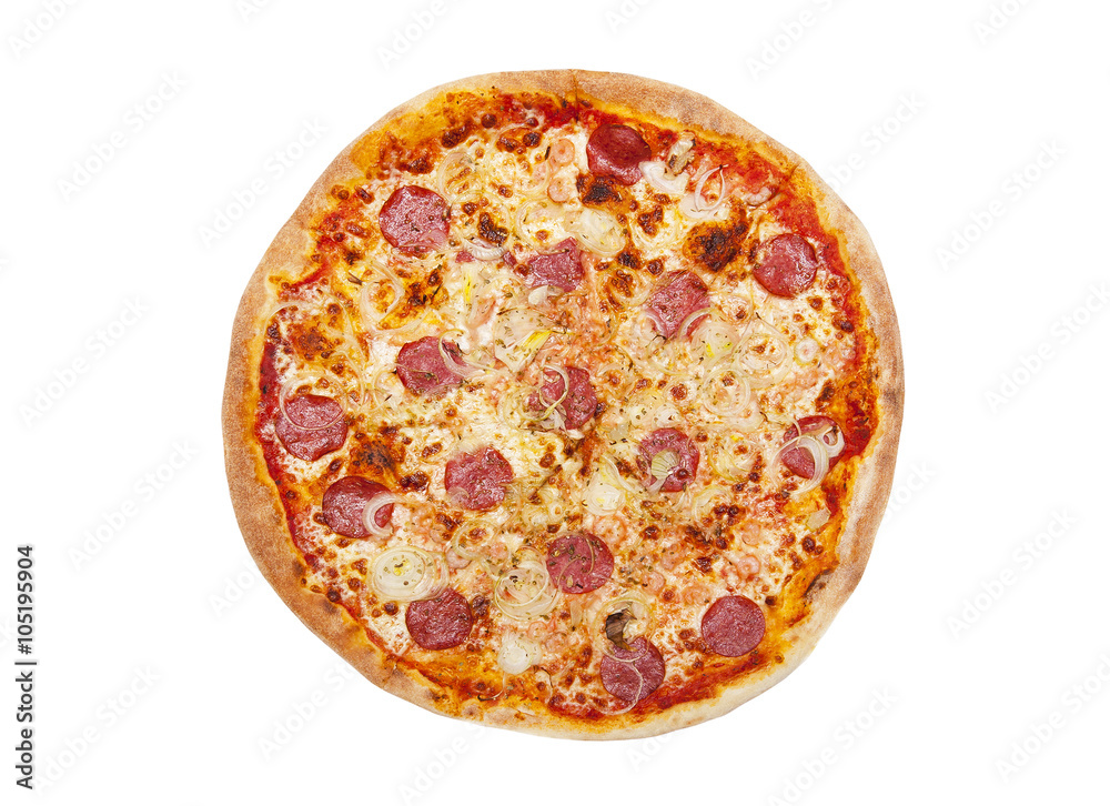 Top view of pizza with salami isolated on white background