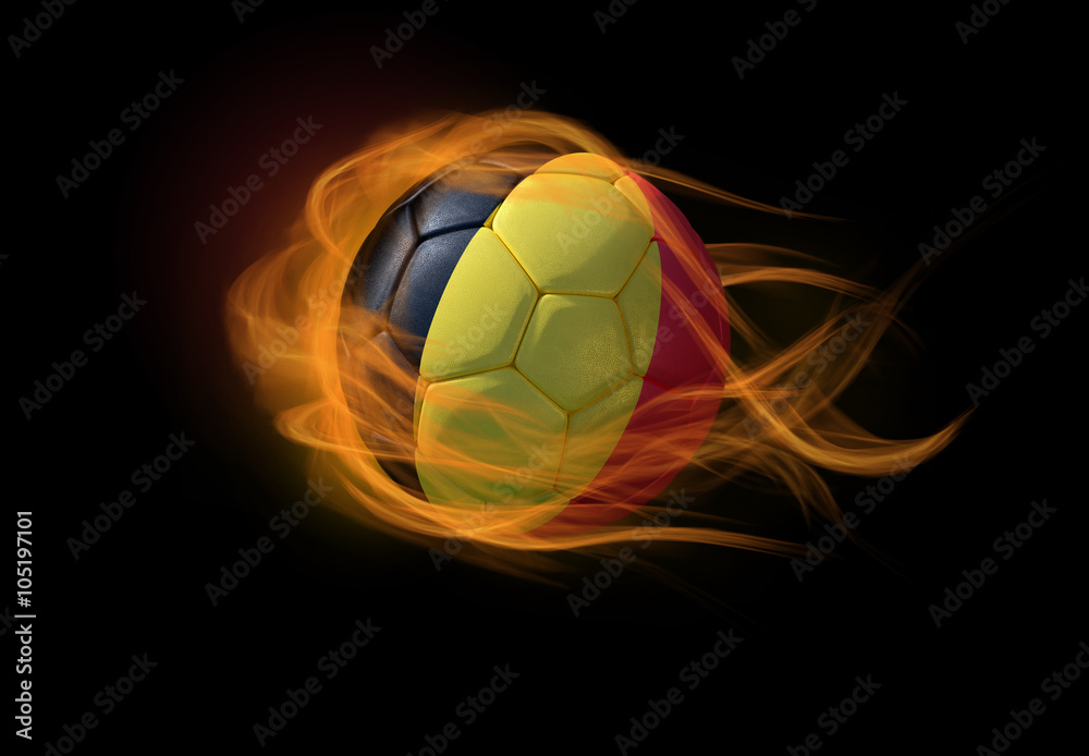 Soccer ball with the national flag of Belgium, making a flame.