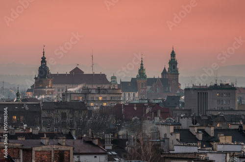 Royal castle and cathedral on the Wawel hill in Krakow, Poland in the evening