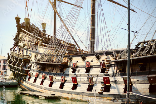 Galeone Neptune old wooden ship, tourist attraction in Genoa, Italy