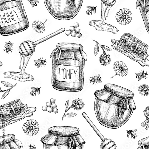 Vector honey seamless pattern. Vintage hand drawn background.