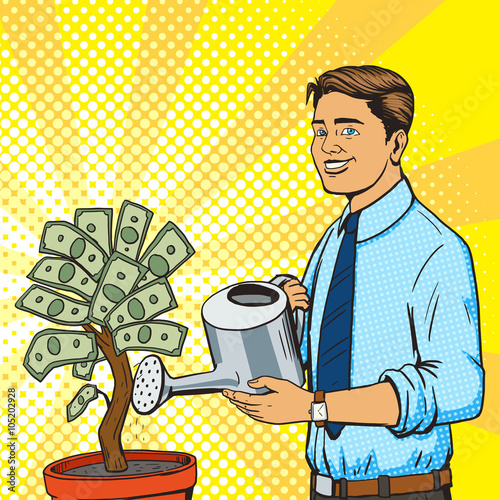 Man water money tree pop art style vector