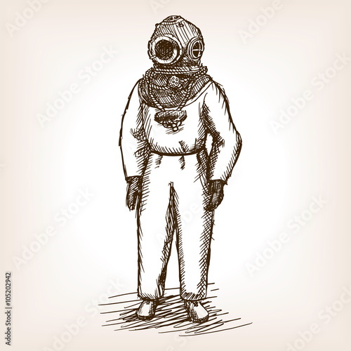 Vintage diver man with diving dress sketch vector