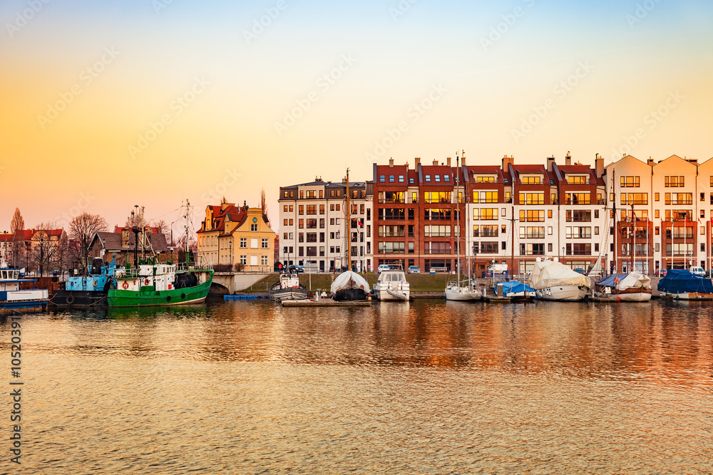 Marina at Motlawa river at sunrise in Gdansk, Poland.