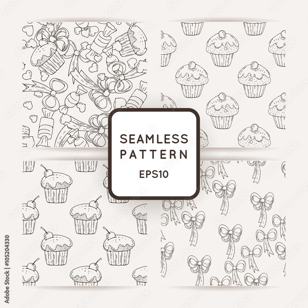 Set of Vector Hearts and Muffins Seamless Patterns