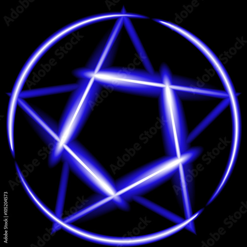 Blue neon pentagram, black background